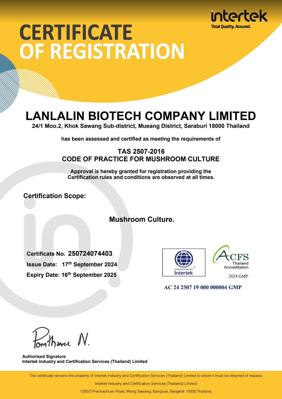 Certificate of Registration for mushroom culture